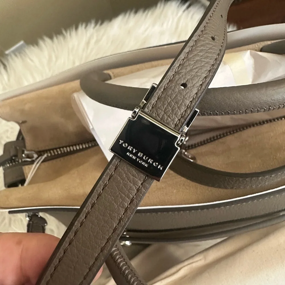Tory Burch Mercer Large Pebbled Leather Satchel Bag Elegant Tan